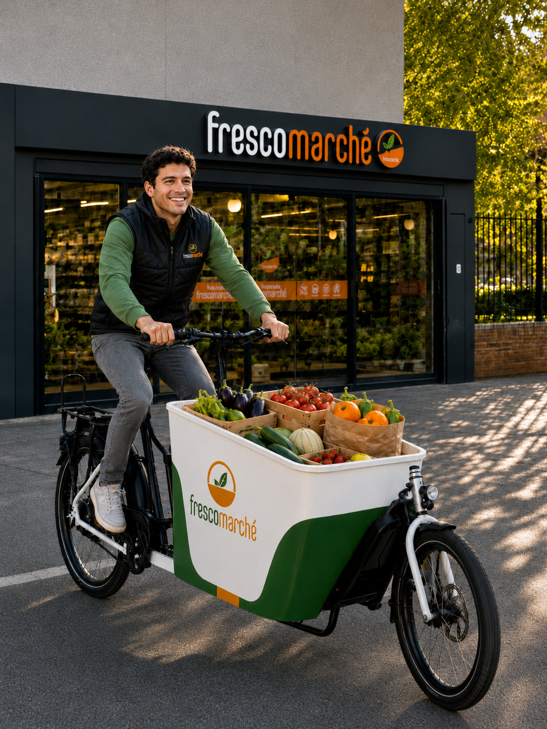 Livraison Frescomarché à vélo cargo devant le magasin